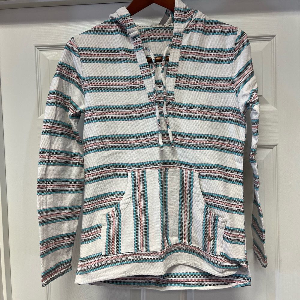 Roxy Ladies White Stripe Hoodie Baja Jacket sz M EUC